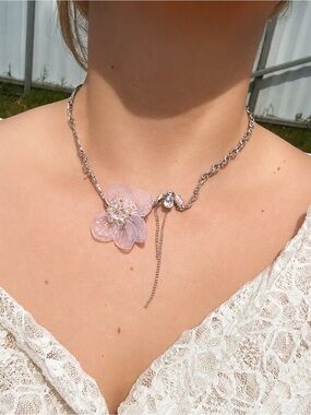 Pink Floral Statement Necklace Crystal Accent New